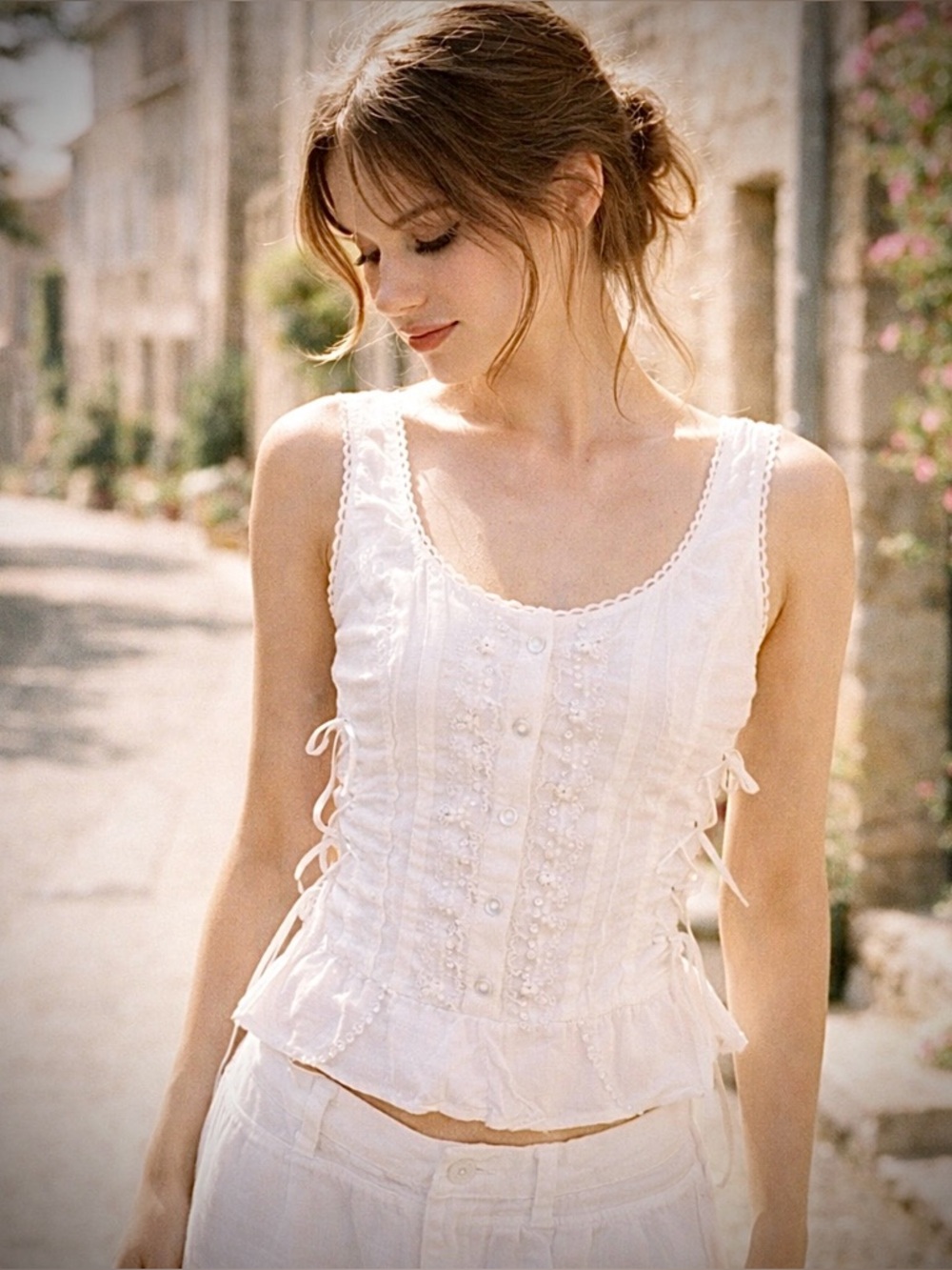 Aziz White Cotton Milkmaid Corset Lace Up Pintuck Picot Trim Prairie Coquette L